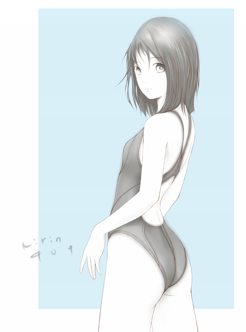 competition_swimsuit highres kirin404 looking_back monochrome one-piece_swimsuit original short_hair solo swimsuit