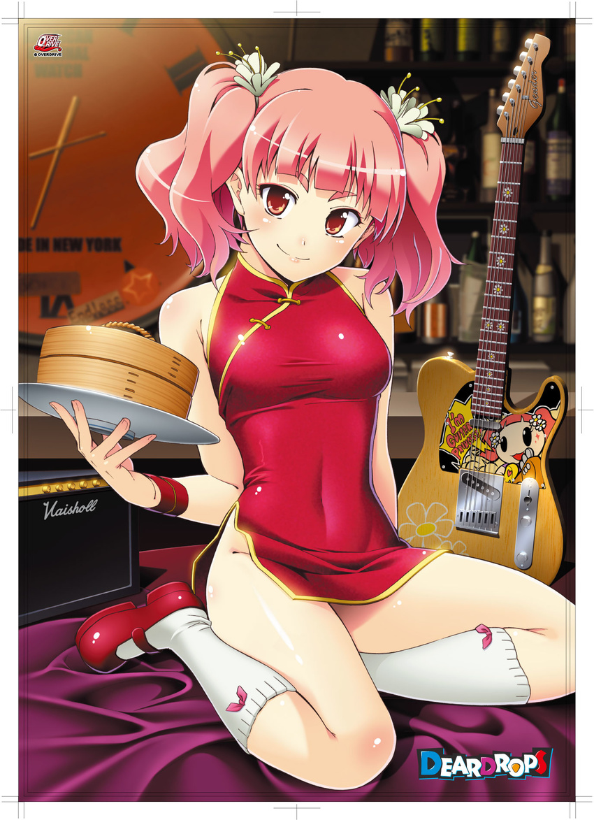 amplifier bamboo_steamer bare_shoulders blurry bottle brand_name_imitation china_dress chinese_clothes clock deardrops depth_of_field dress electric_guitar eyeliner fender fujimaru_(bluebrand) guitar hair_ornament highres instrument kneehighs makeup marshall mary_janes navel no_panties official_art ooba_yayoi pink_hair plate red_eyes shirt shoes short_dress sitting skin_tight smile socks solo taut_clothes taut_shirt telecaster twintails waitress white_legwear yokozuwari
