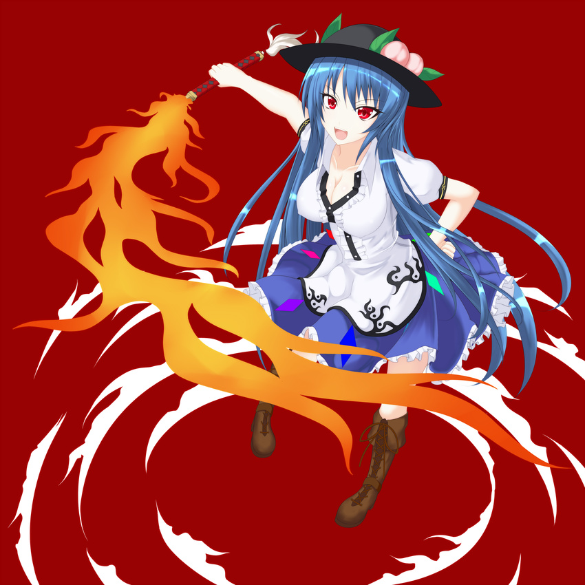 alternate_breast_size blue_hair boots breasts cleavage cross-laced_footwear dress energy_sword food frilled_dress frills fruit gmot hat highres hinanawi_tenshi lace-up_boots large_breasts long_hair open_mouth peach red_eyes solo sword sword_of_hisou touhou very_long_hair weapon