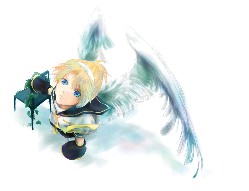 :| angel_wings arm_warmers blonde_hair blue_eyes boy chair eye_reflection from_above headphones highres kagamine_len looking_up male male_focus mame?tsuitta:_(mame) mameç¹ï½»ãƒ»ï½°tsuitta:_(mame) mameï¼ tsuitta:_(mame) necktie reflection sailor_collar shirt short_sleeves simple_background sky_in_eyes solo t-shirt vines vocaloid wings