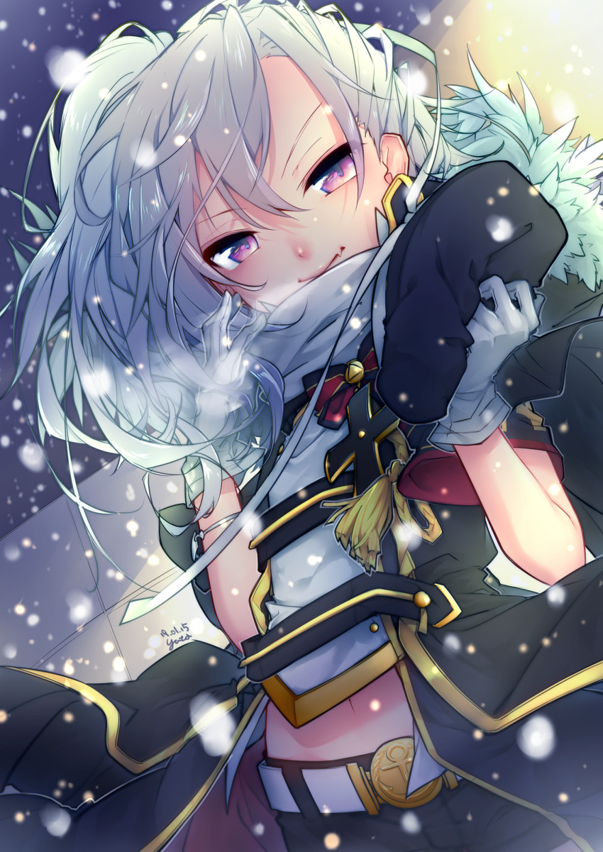 1girl azur_lane belt beret commentary_request dated fang gloves hat headwear_removed highres iron_cross jacket kusibu_yt looking_at_viewer midriff narrowed_eyes navel purple_eyes short_hair signature smile snow solo white_gloves white_hair z1_leberecht_maass_(azur_lane)