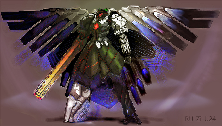 arugeri glowing mecha mechanical_wings mechanization no_humans reiuji_utsuho solo touhou weapon wings