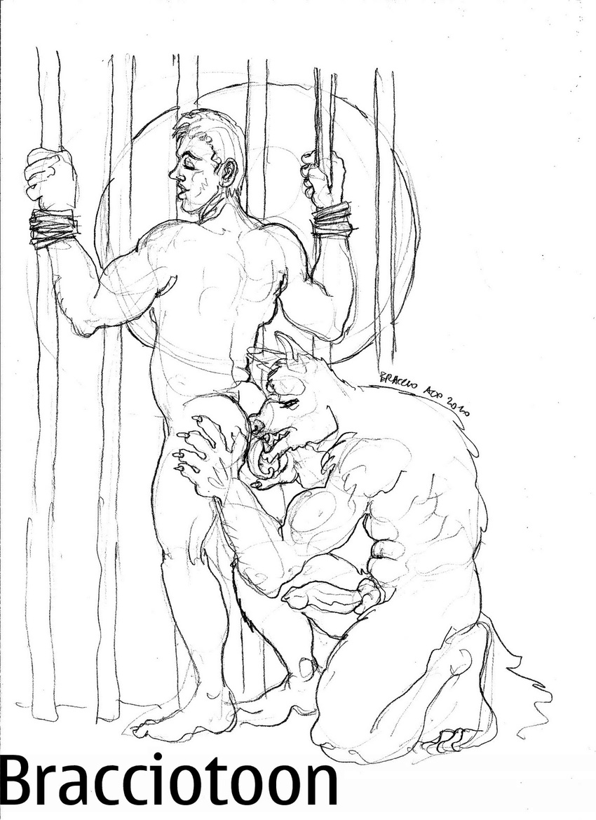 bdsm bondage bound bracciotoon canine gay human licking male mammal moon nude oral penis plain_background rimming tongue were werewolf white_background