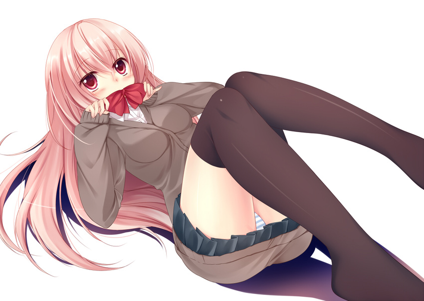 bad_id bad_nicoseiga_id black_legwear blush bow cardigan covering_mouth itou_nanami legs_up long_hair lying on_back original panties pantyshot pink_hair red_eyes simple_background skirt sleeves_past_wrists solo striped striped_panties sweater thighhighs underwear