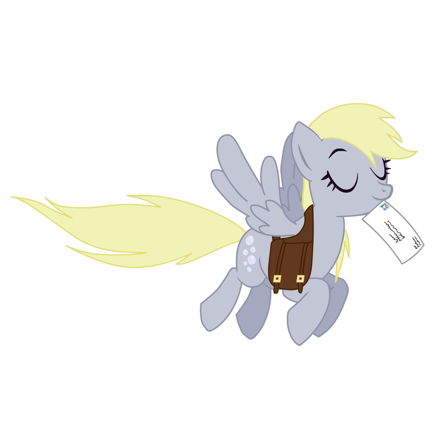 blonde_hair cutie_mark derp derpy_hooves_(mlp) digital_media_(art) envelope equine eyelashes eyes_closed female feral flying friendship_is_magic full-length_portrait grey_feathers grey_skin hair letter mailbag mammal midair mouth_hold my_little_pony pegasus plain_background quadruped saddle_bag side_view solo stamp transparent_background unknown_artist wings