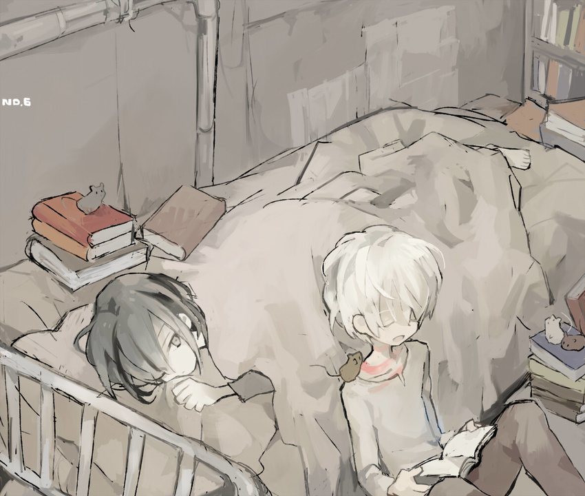 barefoot bed blue_eyes blue_hair book indoors lying male_focus mouse multiple_boys nezumi_(no.6) no.6 open_mouth reading shion_(no.6) soto white_hair