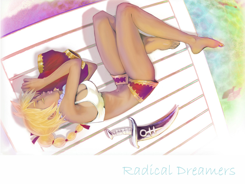 barefoot blonde_hair breasts bride chrono_cross closed_eyes dagger dark_skin ebba from_above highres jewelry kid_(chrono_cross) legs lips long_legs lying medium_breasts midriff miniskirt navel necklace on_side pearl_necklace ponytail skirt sleeping solo tan weapon