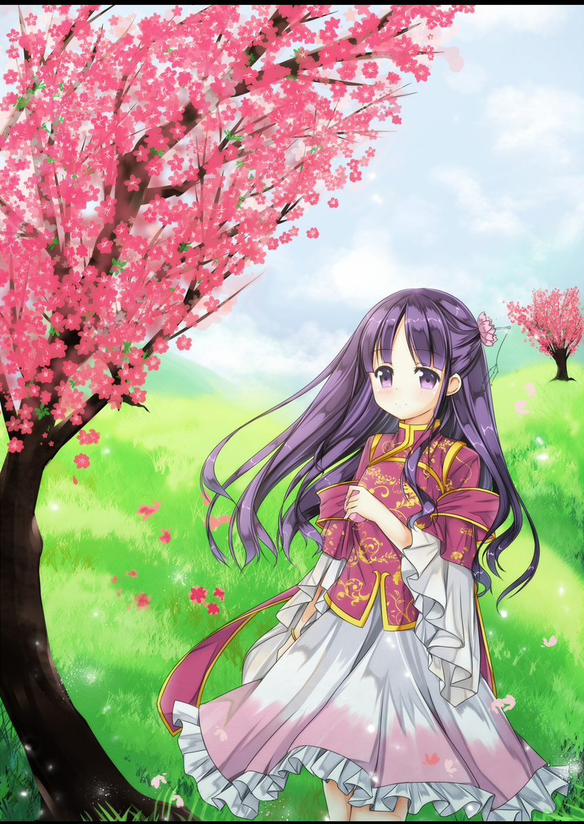 amemiya_ruki flower hair_flower hair_ornament highres long_hair original scenery skirt solo tree