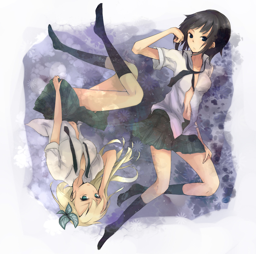 bad_id bad_pixiv_id black_hair blonde_hair boku_wa_tomodachi_ga_sukunai breasts bug butterfly cleavage hair_ornament insect kashiwazaki_sena kuwa_(katko) long_legs medium_breasts mikazuki_yozora multiple_girls necktie open_clothes open_shirt school_uniform shirt short_hair skirt socks st._chronica_academy_uniform