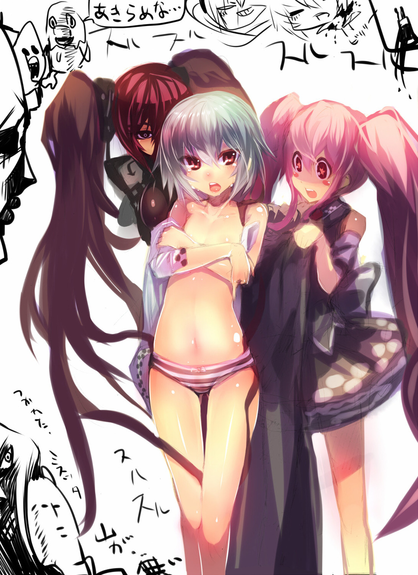 bare_legs bare_shoulders blush blush_stickers bow bow_panties breast_hold breasts collarbone covering covering_breasts crossed_arms dress flat_chest highres long_hair mamuru multiple_girls navel no_bra no_pants open_mouth original panties pink_hair purple_eyes red_eyes red_hair shirt short_hair silver_hair skirt smile standing striped striped_panties symbol-shaped_pupils tears thigh_gap twintails underwear very_long_hair
