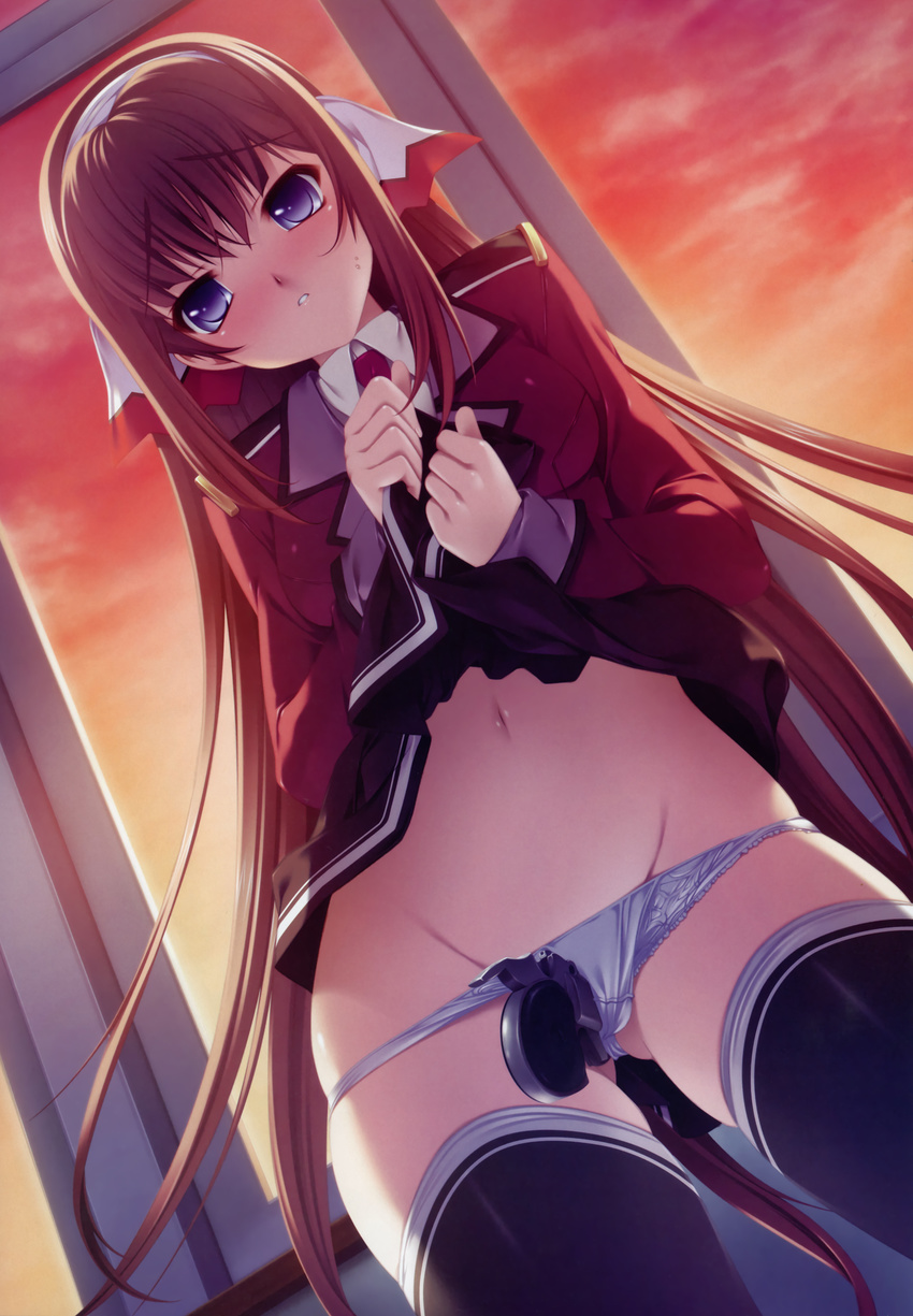 absurdres amagi_yui blue_eyes blush brown_hair grey_panties gun highres itoshii_kanojo_no_mamorikata long_hair navel object_insertion panties panties_aside school_uniform senomoto_hisashi skirt skirt_lift solo sunset thighhighs underwear very_long_hair weapon