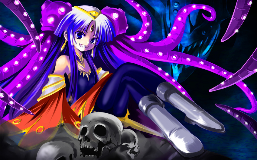 blue_eyes blue_hair boots culdcept earrings endaness fabel forehead_jewel highres hime_cut jewelry skull solo tentacles