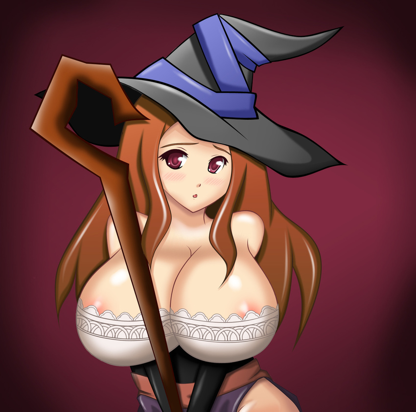 areola areola_slip areolae artist_request bare_shoulders breasts brown_hair cleavage curvy detached_sleeves dragon's_crown dragon's_crown dress hat highres huge_breasts long_hair red_eyes solo sorceress sorceress_(dragon's_crown) sorceress_(dragon's_crown) staff strapless_dress upper_body vanillaware weapon witch witch_hat