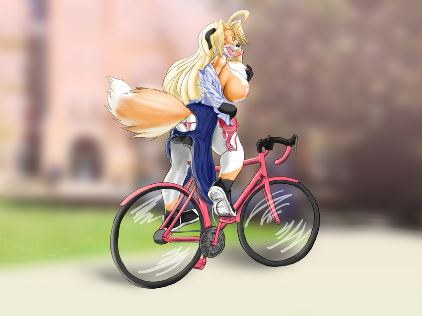 bicycle big_breasts bra breasts canine female fox mammal nipple_pinch nipples outside panties riding shoes_untied simonaquarius solo taunting tongue tongue_out underwear