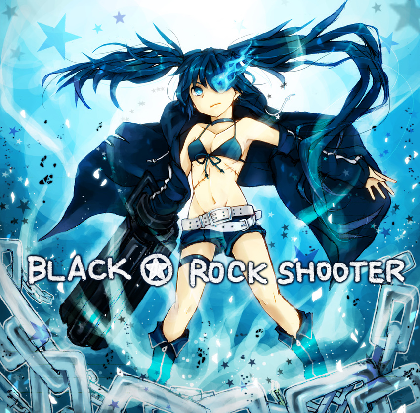 arm_cannon bikini_top black_hair black_rock_shooter black_rock_shooter_(character) blue_eyes boots burning_eye chain highres kusabe_ichii long_hair midriff navel scar shorts smile solo twintails uneven_twintails very_long_hair weapon