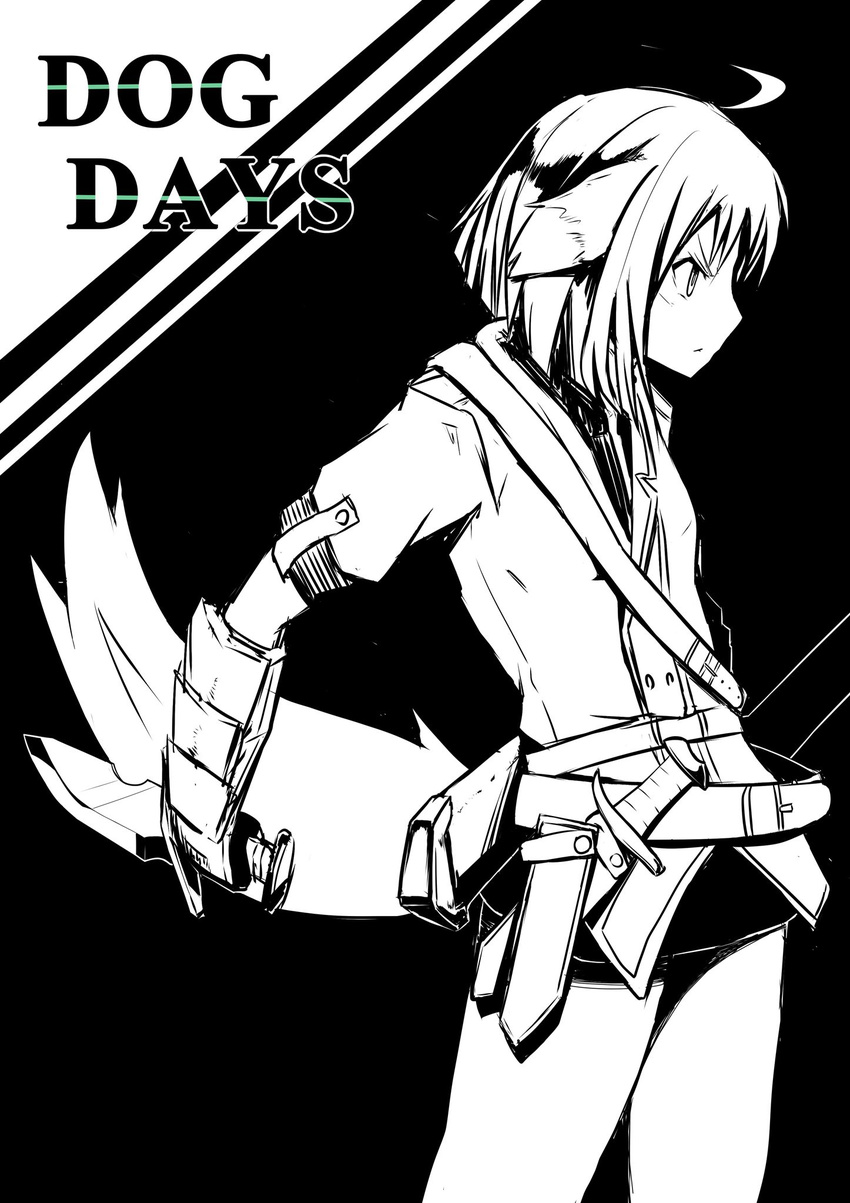 ahoge animal_ears armor bad_id bad_pixiv_id belt dog_days dog_ears dog_tail eclair_martinozzi greyscale highres knife mikidar monochrome short_hair solo tail