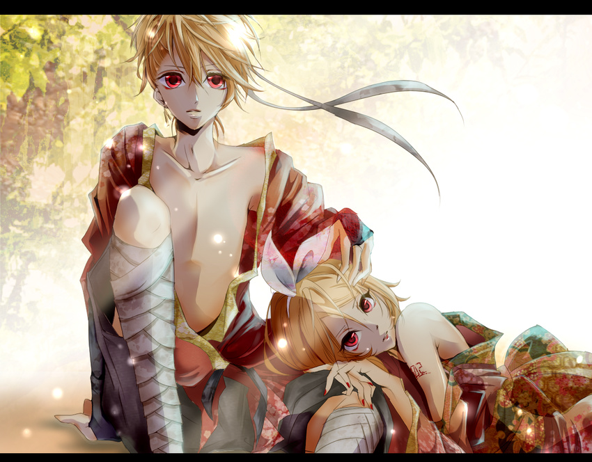 1boy 1girl bare_shoulders blonde_hair bow boy boy_and_girl female girl hair_bow hair_ribbon hand_on_head head_on_lap japanese_clothes kagamine_len kagamine_rin lap_pillow light_rays lying male nail_polish open_chest open_clothes open_shirt outdoors red_eyes ribbon shirt short_hair sitting sunbeam sunlight traditional_clothes vocaloid