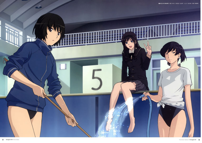 absurdres amagami artbook barefoot black_hair blazer blue_eyes competition_swimsuit empty_pool gym_uniform hairband highres hose jacket kibito_high_school_uniform legs long_hair long_sleeves morishima_haruka multiple_girls nanasaki_ai non-web_source official_art one-piece_swimsuit open_mouth pool scan school_swimsuit school_uniform shirt short_hair sitting sleeves_pushed_up starting_block sugimoto_isao swimsuit swimsuit_under_clothes tied_shirt track_jacket tsukahara_hibiki v water