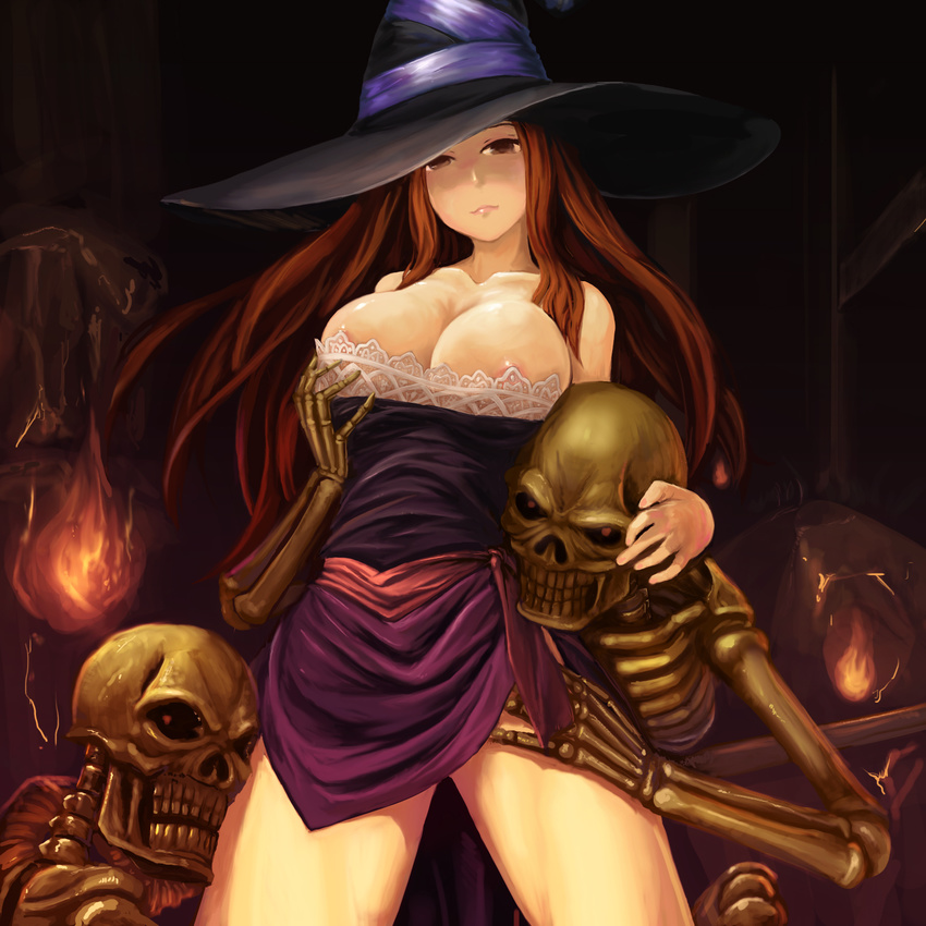 areolae breasts cleavage dragon's_crown fire hat highres large_breasts long_hair red_eyes red_hair skeleton solo sorceress_(dragon's_crown) takeda_yukimura witch_hat
