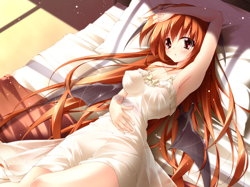 alternate_costume armpits bat_wings bed bed_sheet blush breasts covered_nipples hands head_wings highres koakuma long_hair lying medium_breasts midoriiro_no_shinzou on_back open_mouth pillow red_eyes red_hair solo touhou wings