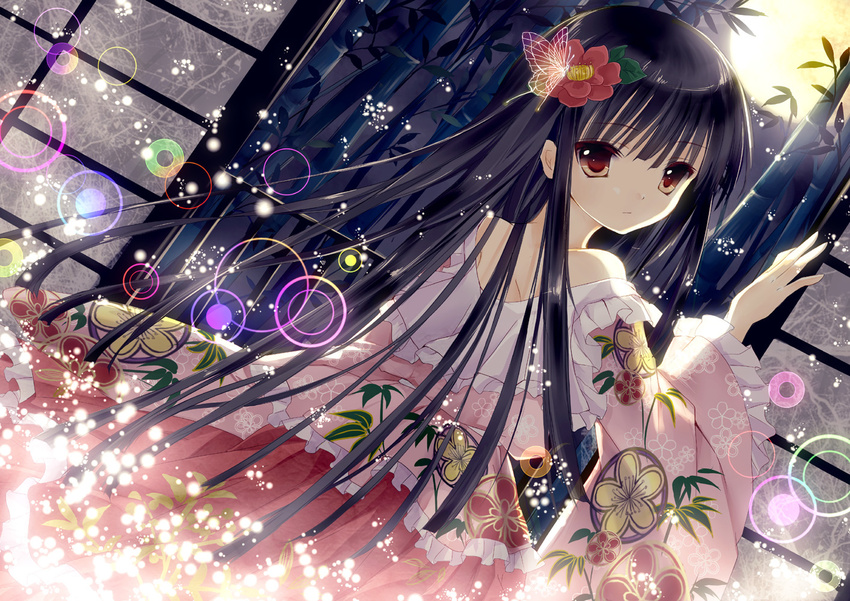 bamboo black_hair bug butterfly camellia flower full_moon hair_flower hair_ornament houraisan_kaguya insect long_hair looking_back moon red_eyes solo sparkle touhou yukim27