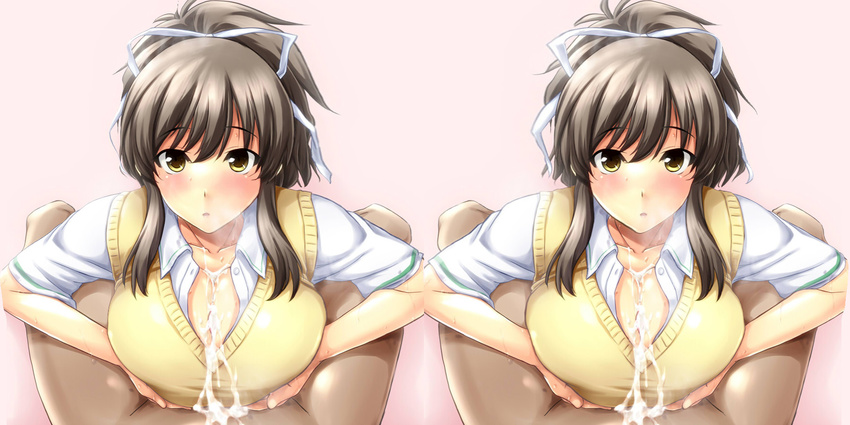 asuka_(senran_kagura) blush breasts brown_hair cum cum_on_body cum_on_breasts cum_on_clothes cum_on_upper_body hair_ribbon highres kuimono looking_at_viewer paizuri paizuri_under_clothes penis pov pov_eye_contact ribbon senran_kagura senran_kagura_(series) stereogram sweater_vest uncensored