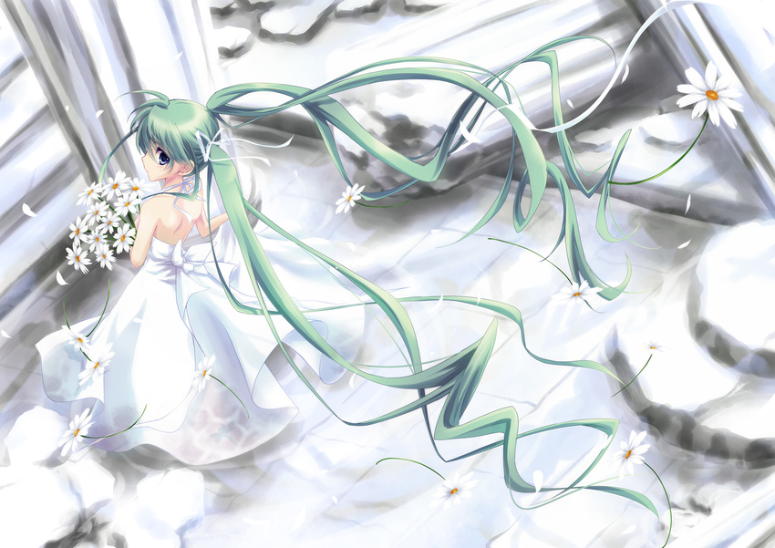 backless_dress backless_outfit bad_id bad_pixiv_id bare_shoulders blue_eyes bow dress flower green_hair hair_ribbon highres long_hair miyako910724 original ribbon solo twintails very_long_hair white_dress