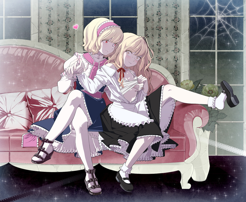 alice_margatroid bad_id bad_pixiv_id bare_shoulders blonde_hair blush bobby_socks bra bra_lift couch crossed_legs frills hairband heart holding_hands kirisame_marisa lingerie mary_janes multiple_girls no_hat no_headwear off_shoulder ofuton_zeb open_clothes open_shirt pantyhose pillow red_eyes shirt shoe_dangle shoes silk sitting socks spider_web touhou underwear undressing white_legwear yellow_eyes you_gonna_get_raped yuri
