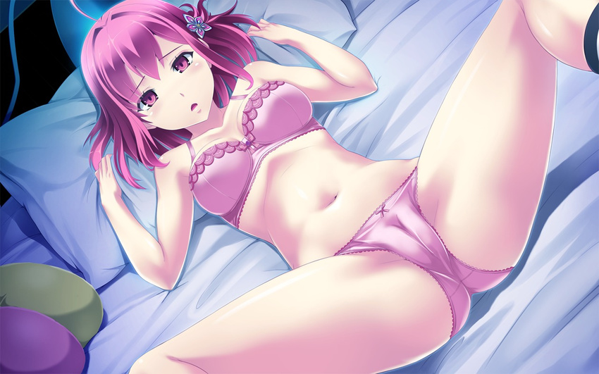 ahoge bed bra cameltoe d: game_cg hair_ornament lingerie navel open_mouth panties pillow pillow_grab pink_bra pink_panties red_eyes red_hair sekitsu_ayaka short_hair spread_legs tel-o underwear underwear_only yamiyo_ni_odore