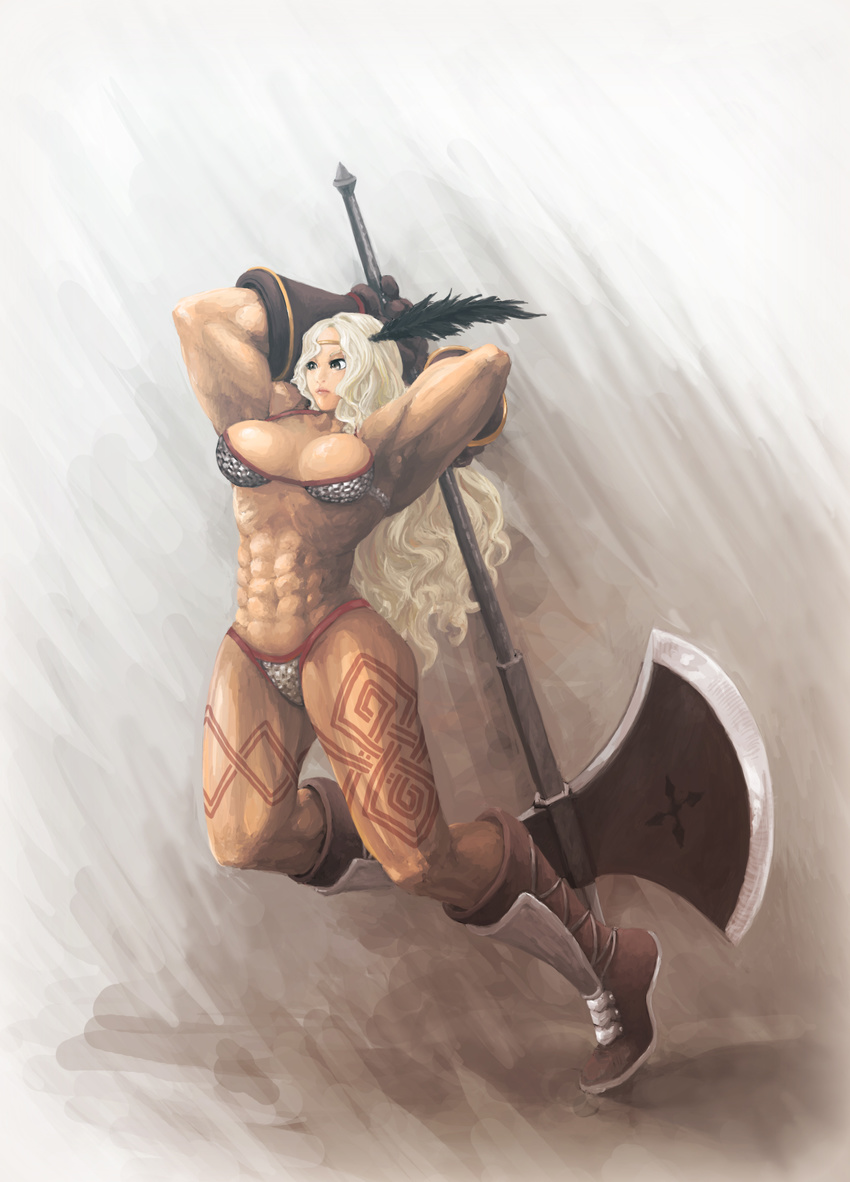 amazon_(dragon's_crown) armor bikini_armor blonde_hair boots circlet dragon's_crown feathers gloves halberd highres long_hair muscle muscular_female polearm solo thick_thighs thighs weapon