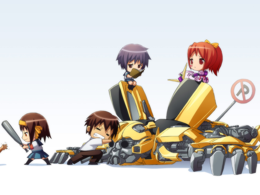 3girls asahina_mikuru baseball_bat book bumblebee cosplay crossover gundam hairband highres kyon mike_inel multiple_girls nagato_yuki no_parking_sign sign suzumiya_haruhi suzumiya_haruhi_no_yuuutsu transformers when_you_see_it