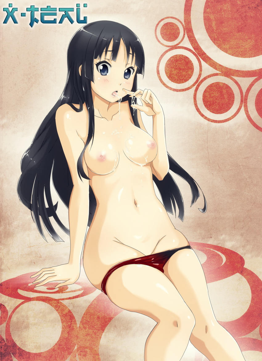 1girl akiyama_mio areolae black_hair blue_eyes blush breasts crimeglass cum cum_in_mouth cum_on_body cum_on_breasts cum_on_upper_body cum_string highres k-on! large_breasts legs long_hair looking_at_viewer navel nipples no_bra panties panty_pull simple_background sitting solo thighs topless underwear x-teal x-teal2