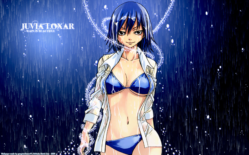 1920_x_1200 1920x1200 bikini bikini_bottom bikini_top black_eyes blue_hair bra breasts fairy_tail female gradient gradient_background highres juvia_loxar panties rain solo swimsuit underwear wallpaper water