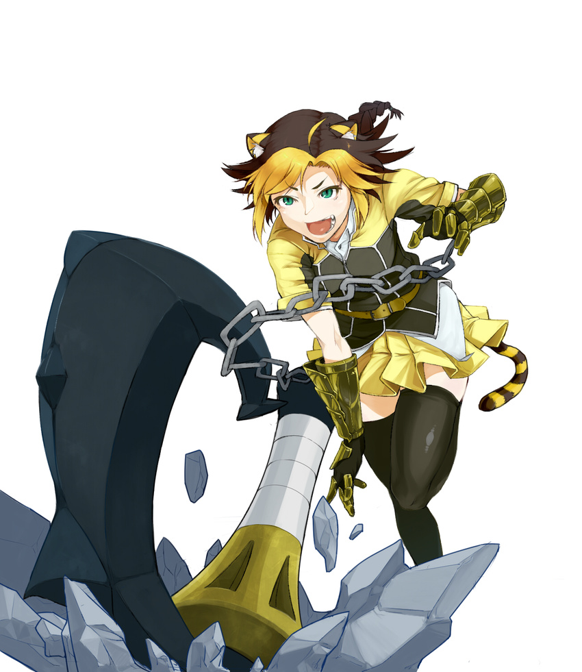 ahoge animal_ears armor axe bad_id bad_pixiv_id blonde_hair braid brown_hair chain dog_days fangs gauntlets green_eyes highres jaune_clafoutis multicolored_hair open_mouth osashimi skirt slit_pupils solo tail thighhighs tiger_ears tiger_tail two-tone_hair weapon zettai_ryouiki