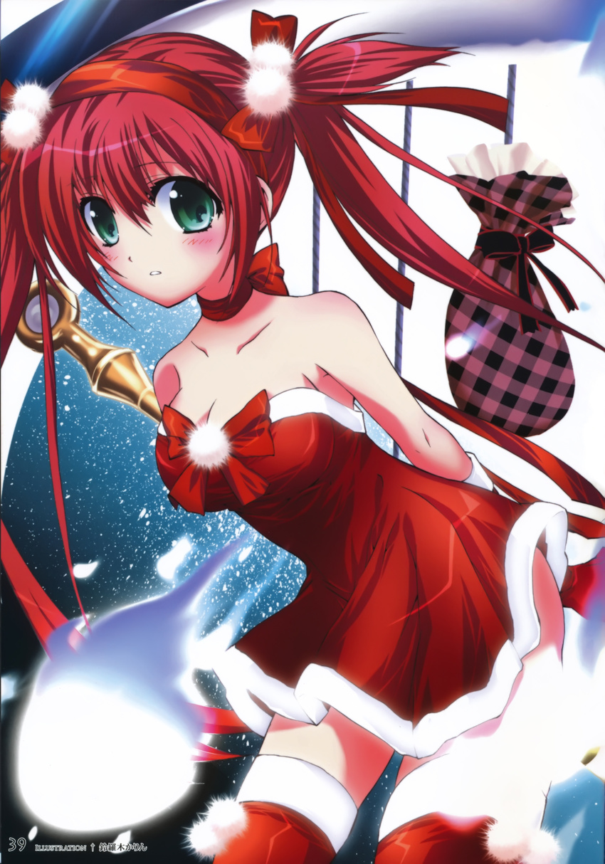 absurdres airi_(queen's_blade) bent_over blue_eyes dress green_eyes highres hitodama looking_at_viewer queen's_blade red_hair ribbon scythe short_dress solo strapless strapless_dress suzuragi_karin thighhighs twintails