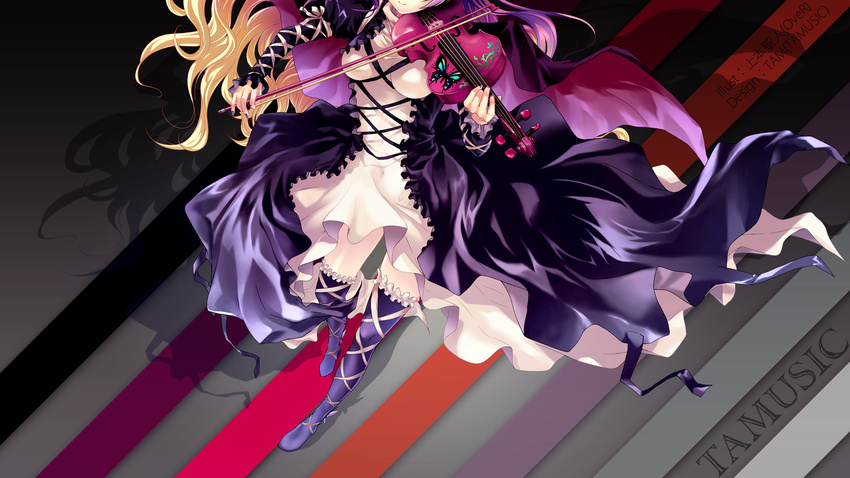 blonde_hair breasts bug butterfly cape gradient_hair head_out_of_frame highres hijiri_byakuren insect instrument long_hair medium_breasts multicolored_hair purple_hair smile solo thighhighs touhou two-tone_hair uemoto_masato violin