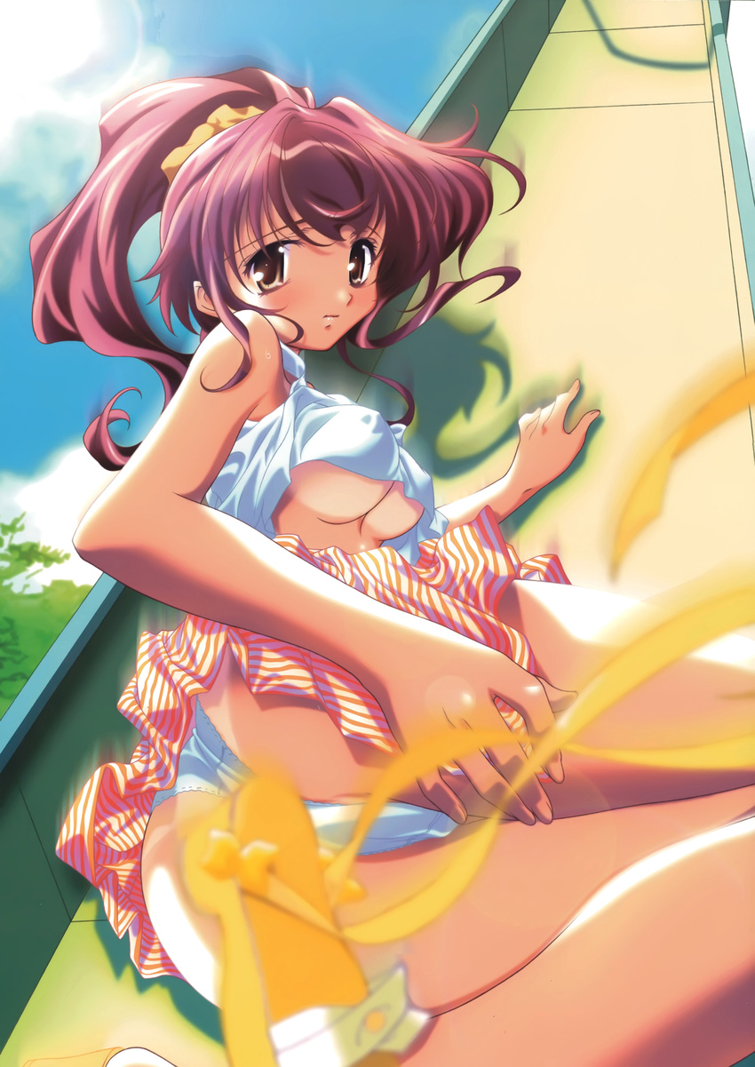 absurdres ass bikini_tan blurry breasts brown_eyes covered_nipples depth_of_field highres lens_flare long_hair medium_breasts no_bra original panties pink_hair ponytail skirt solo sugiyama_genshou tan tanline underboob underwear