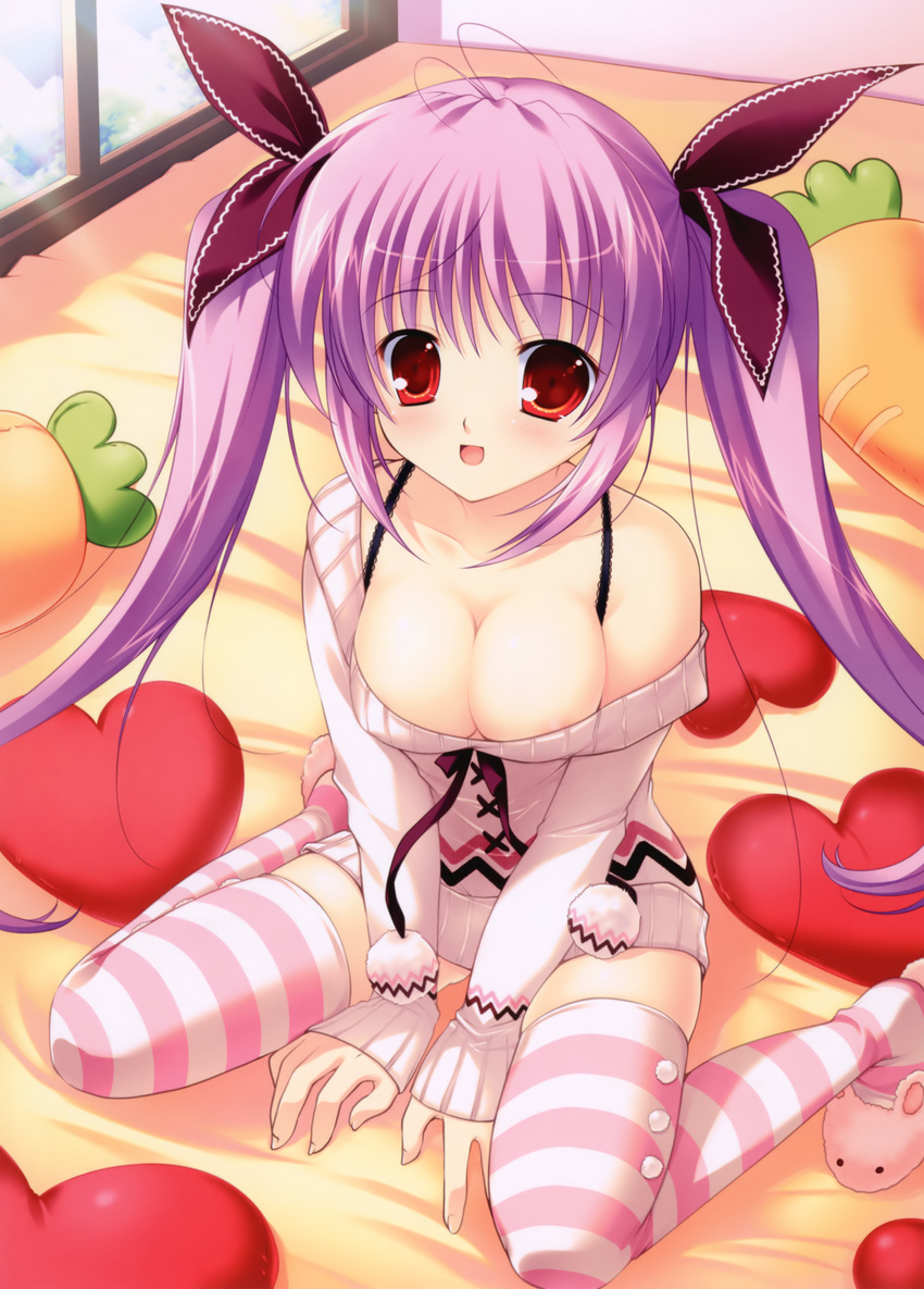 :d absurdres areola_slip areolae breasts carrot cleavage dress heart heart_pillow highres long_hair medium_breasts mikeou open_mouth original pillow purple_hair red_eyes slippers smile solo striped striped_legwear sweater sweater_dress thighhighs twintails