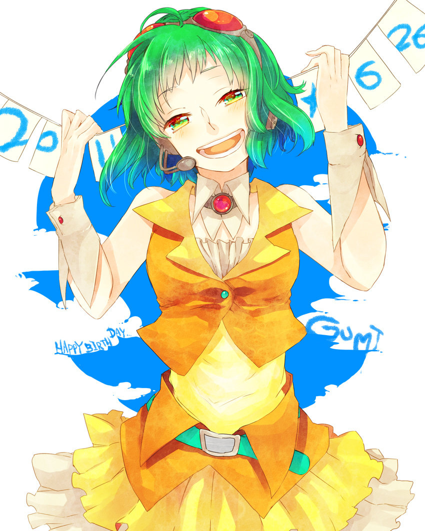 absurdres goggles goggles_on_head green_eyes green_hair gumi happy_birthday headphones headset highres kyama open_mouth smile solo vocaloid wrist_cuffs