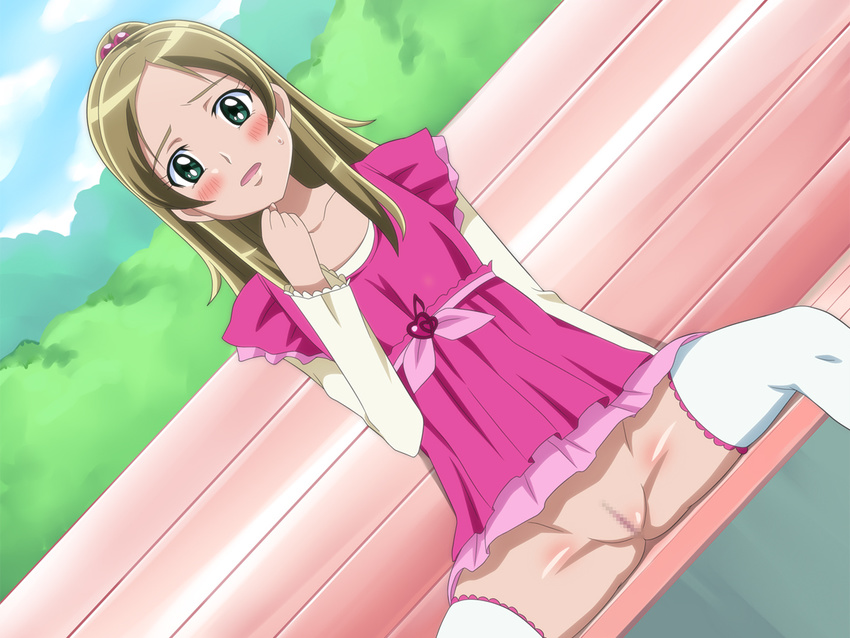1girl blush brown_hair censored female green_eyes long_hair minamino_kanade no_panties open_mouth outdoors precure public pussy solo spread_legs suite_precure