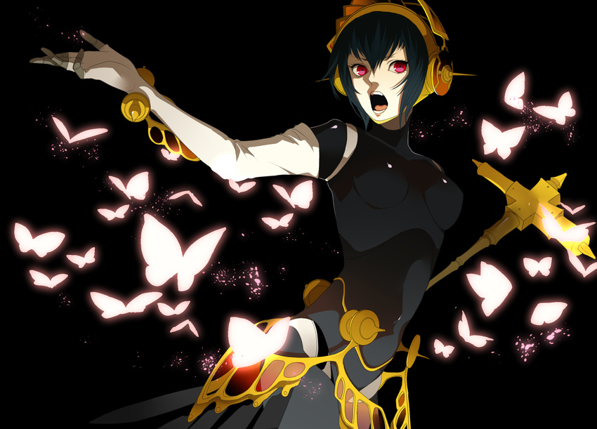 android bad_id bad_pixiv_id black_hair bug butterfly hammer headdress insect metis open_mouth persona persona_3 red_eyes shirano short_hair simple_background solo weapon