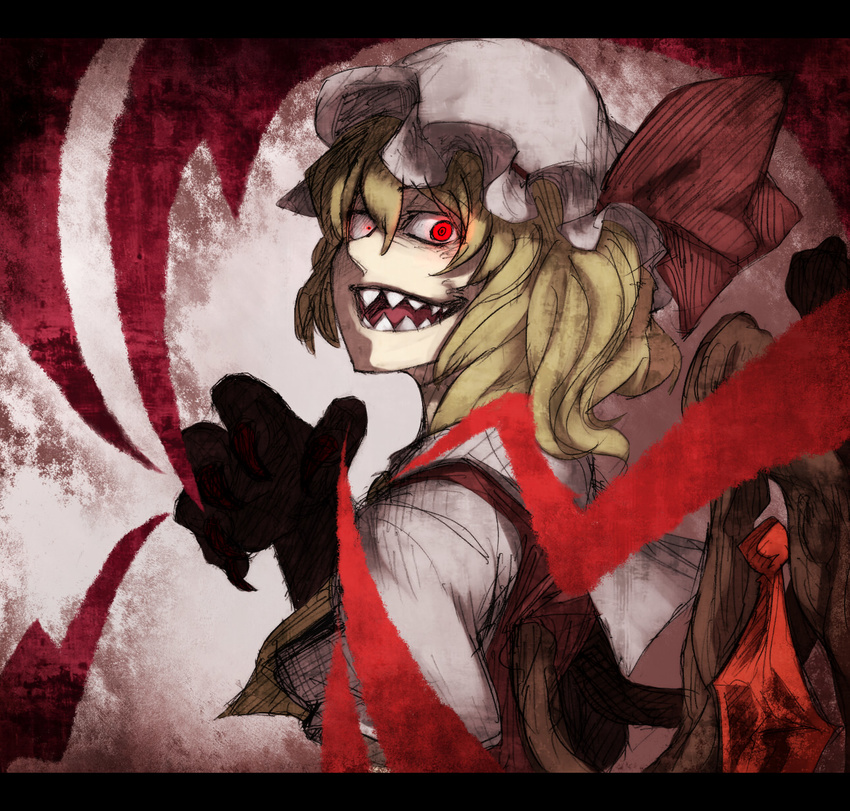 ascot blonde_hair bow claws crazy_eyes face flandre_scarlet gem hat hat_bow highres red_eyes sharp_teeth short_hair smile solo teeth touhou wings zimu