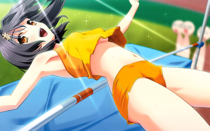 armpits black_hair breasts game_cg high_jump highres kasuga_yuuno matsuo_yukihiro medium_breasts memories_off memories_off_6 midriff navel open_mouth short_hair short_shorts shorts solo underboob