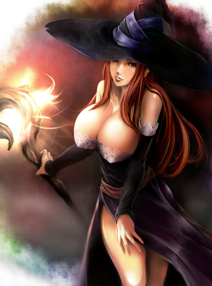 bare_shoulders breasts brown_eyes brown_hair cleavage dragon's_crown dress hat highres huge_breasts lips long_hair solo sorceress_(dragon's_crown) staff ten_(k1208) witch_hat