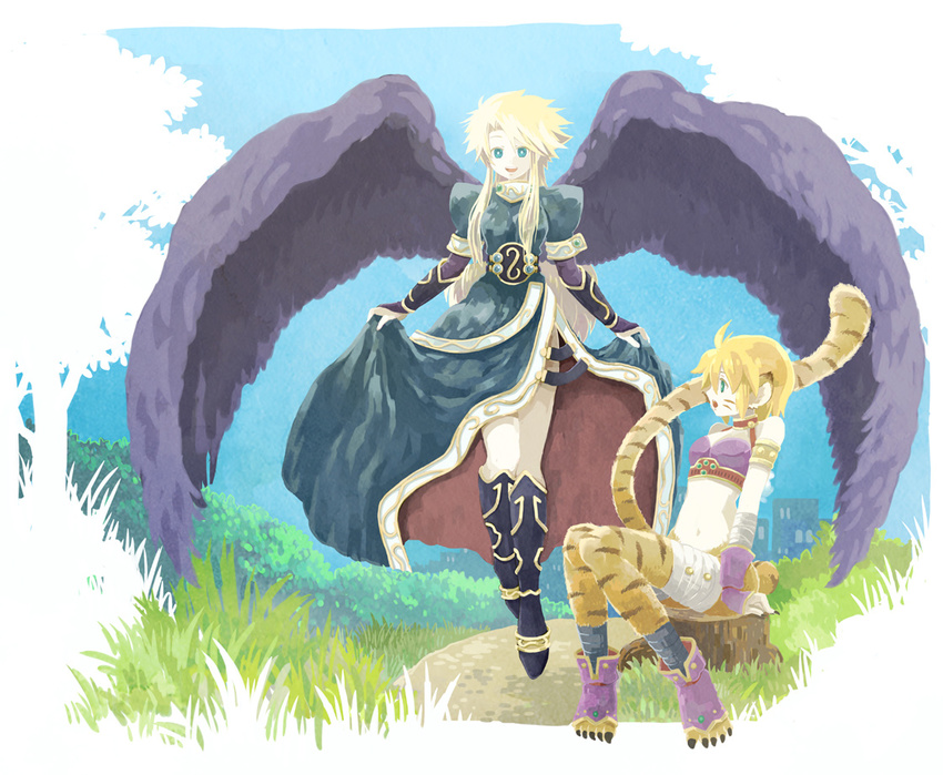 angel_wings animal_ears bad_id bad_pixiv_id blonde_hair boots breath_of_fire breath_of_fire_ii bridal_gauntlets cat_ears cat_tail dress facial_mark fur gloves green_eyes ikko117 jewelry knee_boots legs long_hair multiple_girls nina_(breath_of_fire_ii) orange_hair purple_wings rinpoo_chuan short_hair side_slit smile tail wings