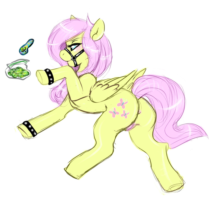 anus bowl bridle cutie_mark drugs equine female feral fluttershy_(mlp) friendship_is_magic hair holly_massey mammal marijuana my_little_pony pegasus pink_hair pipe plain_background pot pussy solo white_background wings