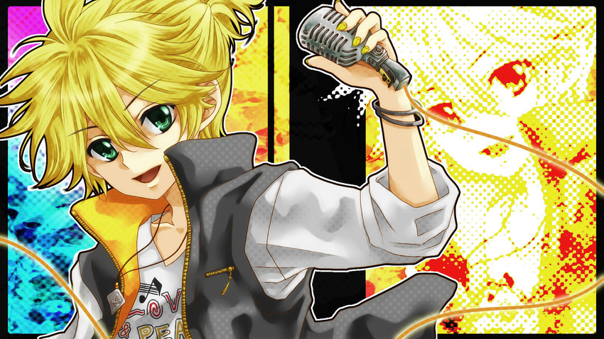 alternate_costume blonde_hair boy bracelet etsuo_(len1827) green_eyes highres jewelry kagamine_len male male_focus microphone musical_note nail_polish necklace open_mouth popped_collar shirt solo t-shirt vest vocaloid zipper