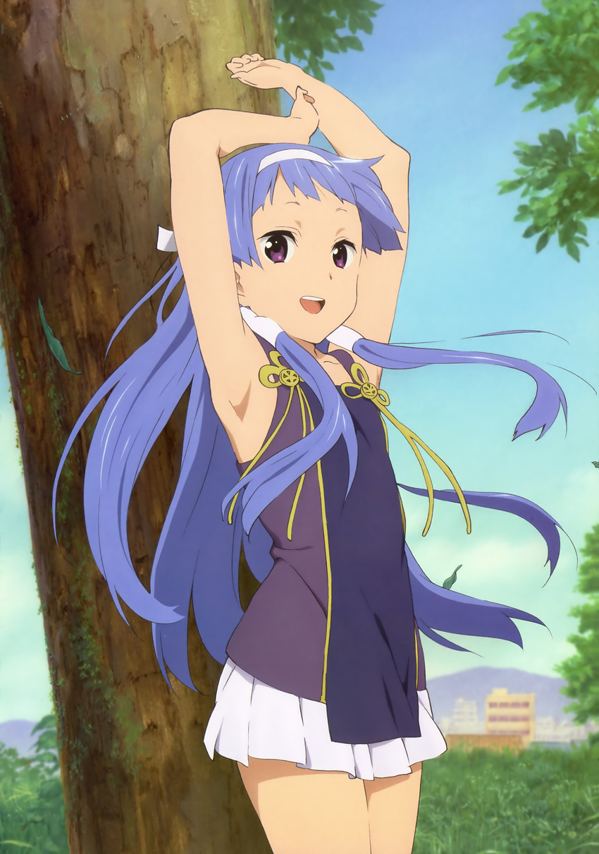 absurdres armpits arms_up blue_hair hair_tubes hairband highres kannagi long_hair nagi non-web_source open_mouth pleated_skirt purple_eyes skirt smile solo tree white_skirt