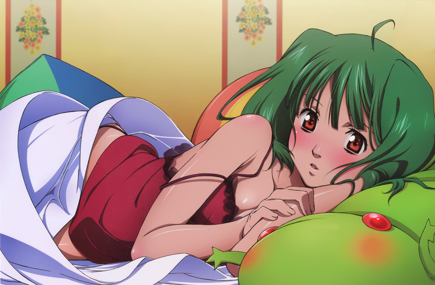 absurdres ahoge animal_pillow artist_request bangs bed_sheet blunt_bangs blush body_blush breasts camisole flower frills from_side green_hair highres holding_arm indoors looking_at_viewer lying macross macross_frontier medium_hair official_art on_bed on_stomach oosanshouuo-san panty_straps parted_bangs parted_lips ranka_lee red_eyes salamander scan see-through shiny shiny_skin short_hair small_breasts solo strap_slip stuffed_animal stuffed_toy under_covers upper_body