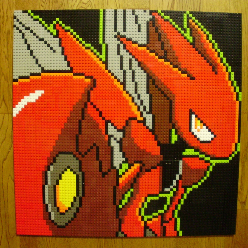 highres lego no_humans photo pixel_art pokemon pokemon_(creature) scizor simple_background wings yellow_eyes you_rei_(blowback)